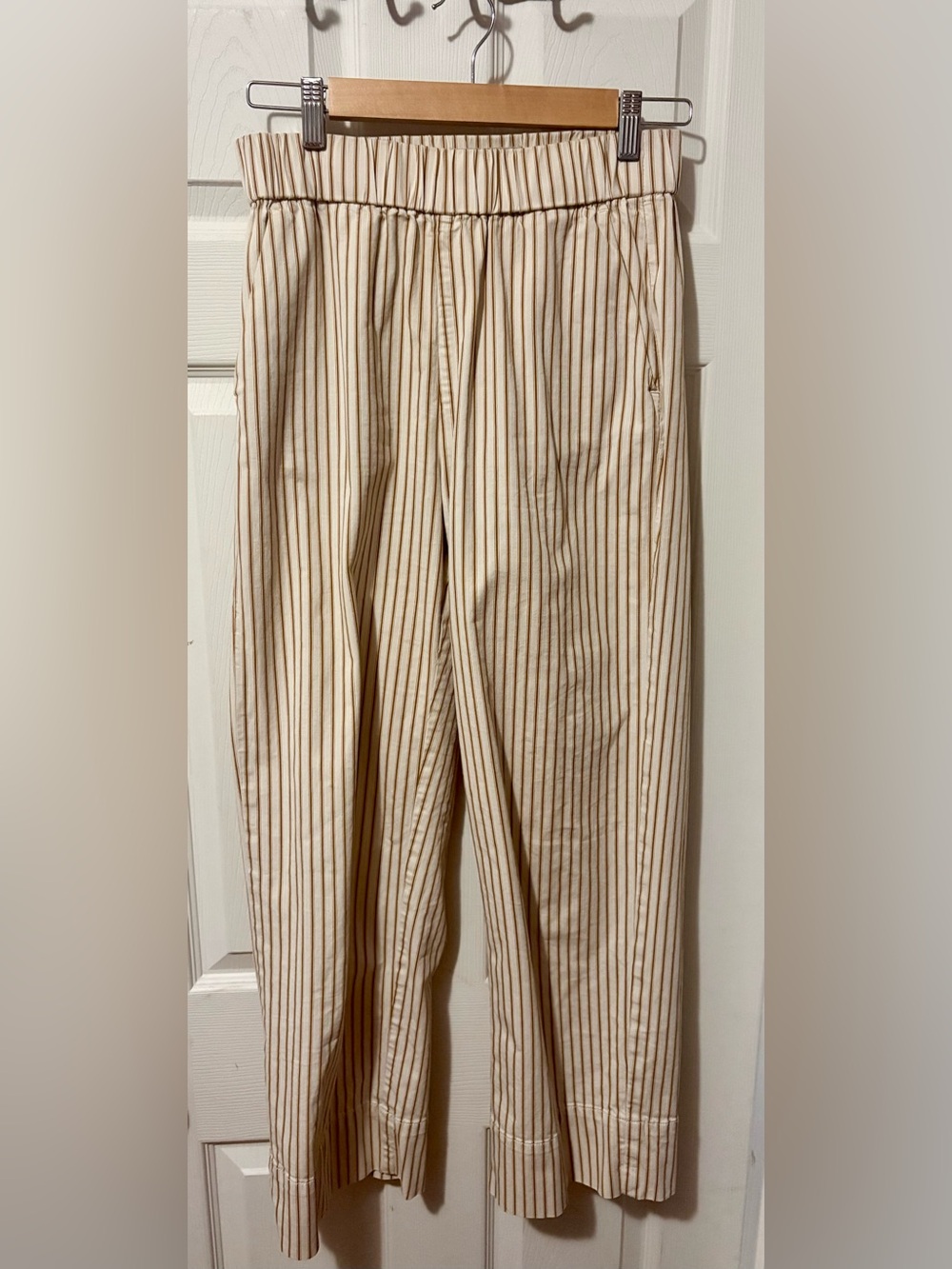 Everlane Cream Pants with Brown Pinstripes